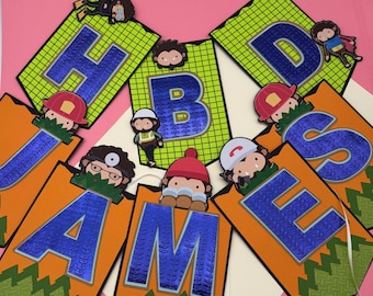 Sneaky Sasquatch Fishing Birthday Banner & Cupcake Toppers:  Cardstock Party Decor, Mini toppers.