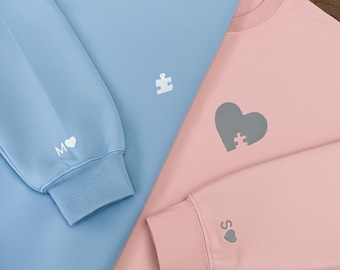 Dopasowane bluzy z haftem dla par na Walentynki, bluza z kapturem z haftowanym sercem w kształcie puzzli, minimalistyczny prezent miłosny dla niego i dla niej