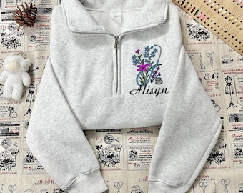 Sudadera de enfermera con bordado floral personalizado, cierre de un cuarto, regalo de enfermería con nombre personalizado, cuello redondo de agradecimiento para estudiantes de medicina