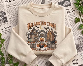 Halloween Town Embroidered Sweatshirt and Hoodie, Spooky Village Shirt, Haunted House Pumpkin Sweatshirt, Retro Halloween Fall Gift