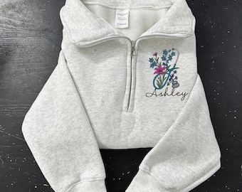 Sudadera de enfermera con bordado floral personalizado, cierre de un cuarto, regalo de enfermería con nombre personalizado, cuello redondo de agradecimiento para estudiantes de medicina