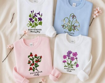 Custom Birth Month Flower Embroidered Sweatshirt, Birth Flower Shirt, Grandma's Garden, Personalized Mom Gift Grandma Mother's Day Gift