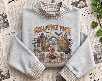 Halloween Town Embroidered Gingham Sweatshirt, Spooky Village Shirt, Haunted House Pumpkin Mock Neck Sweatshirt, Retro Halloween Fall Gift