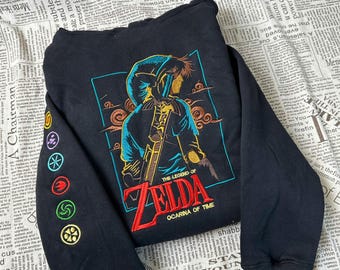Bluza z haftem z Legendą Zeldy Link, wzór Master Sword, prezent dla gracza w stylu Ocarina of Time, bluza z kapturem RPG