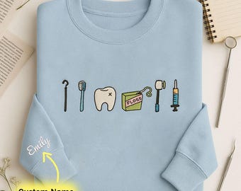 Custom Dental Hygienist Embroidered Sweatshirt, Dental Assistant Icons Shirt, Personalized Dental Hygienist, Dental Graduation Gift