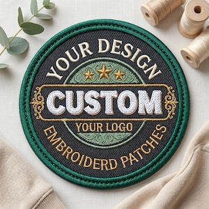 以下が含まれることがあります： 「YOUR DESIGN CUSTOM YOUR LOGO EMBROIDERED PATCHES」の文字が入った丸い刺繍ワッペン。黒い背景に緑と金のアクセント。 「CUSTOM」の文字は白です。