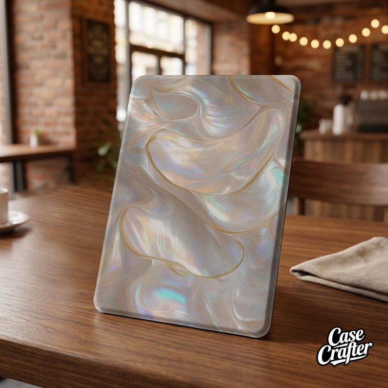 Op de afbeelding: Een rechthoekige tablethoes met een parelmoer, wervelend ontwerp in tinten wit, goud en iriserende tinten. De hoes wordt gepresenteerd op een houten tafel, waarbij de glanzende afwerking wordt getoond. Het Case Crafter-logo is zichtbaar.