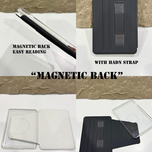 May include: A black tablet case with a magnetic back and a strap. The case is shown in multiple views, including a close-up of the magnetic back and the text "MAGNETIC BACK EASY READING". The case is also shown with the text "WITH HADN STRAP" and "MAGNETIC DETACHABLE".