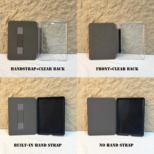 Op de afbeelding: Een productpresentatie met vier verschillende ontwerpen voor e-reader hoesjes. De hoesjes zijn grijs en zwart, met doorzichtige achterkanten. Tekst op de afbeelding: HANDSTRAP+CLEAR BACK, FRONT+CLEAR BACK, BUILT-IN HAND STRAP en NO HAND STRAP.