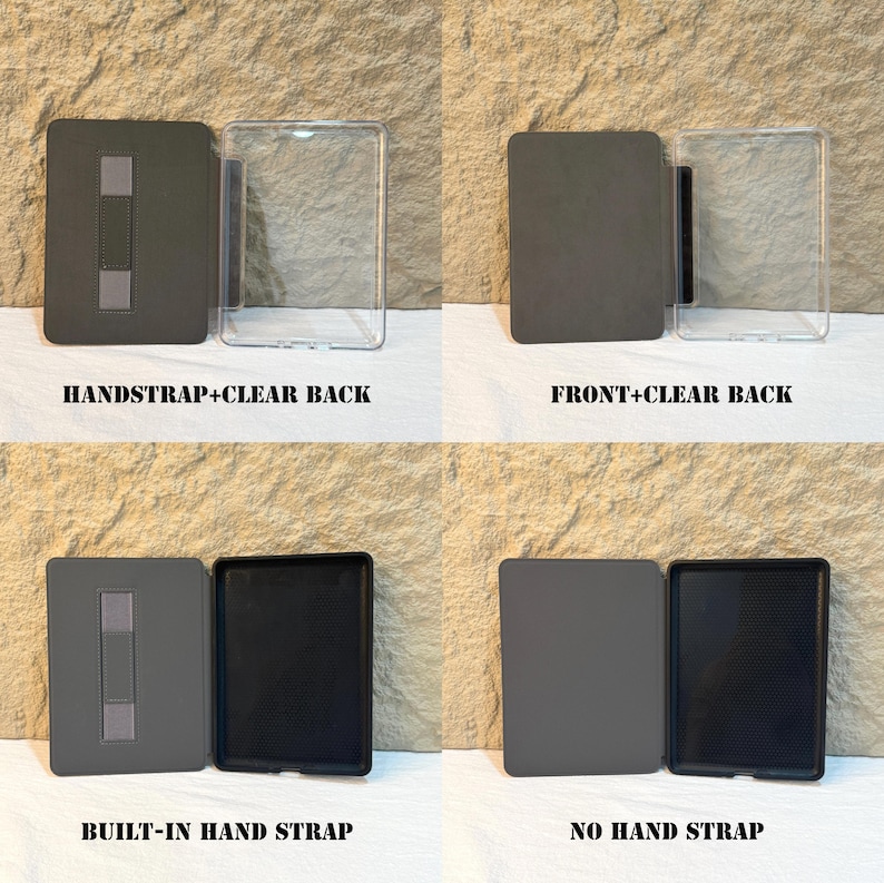 Op de afbeelding: Een productpresentatie met vier verschillende ontwerpen voor e-reader hoesjes. De hoesjes zijn grijs en zwart, met doorzichtige achterkanten. Tekst op de afbeelding: HANDSTRAP+CLEAR BACK, FRONT+CLEAR BACK, BUILT-IN HAND STRAP en NO HAND STRAP.