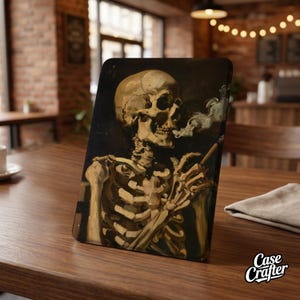 May include: A rectangular case featuring a skeleton smoking a cigarette, with a skull and rib cage. The artwork is in shades of beige, brown, and black, with smoke emanating from the cigarette. The Case Crafter logo is in the bottom right corner.