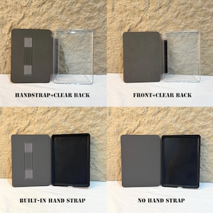 May include: A product display featuring four different e-reader cases. The cases are shown in pairs, with a clear back case paired with a gray front case. Text on the image reads: HANDSTRAP+CLEAR BACK, FRONT+CLEAR BACK, BUILT-IN HAND STRAP, and NO HAND STRAP.