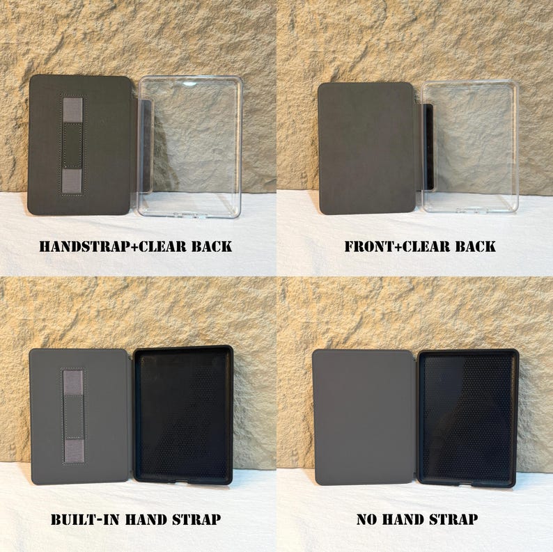 May include: A product display featuring four different e-reader cases. The cases are shown in pairs, with a clear back case paired with a gray front case. Text on the image reads: HANDSTRAP+CLEAR BACK, FRONT+CLEAR BACK, BUILT-IN HAND STRAP, and NO HAND STRAP.