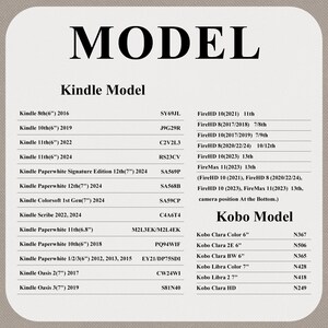 Op de afbeelding: Een tabel met Kindle- en Kobo e-readermodellen en hun bijbehorende modelnummers. De tekst bevat Kindle 8e, 10e en 11e generatie modellen, evenals Paperwhite, Scribe en Oasis versies. Kobo-modellen omvatten Clara, Libra en HD.
