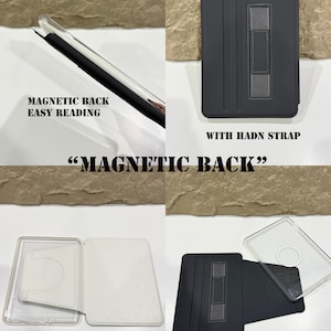 Op de afbeelding: Een zwarte tablethoes met een magnetische achterkant en een band. De hoes wordt in meerdere weergaven getoond, waaronder een close-up van de magnetische achterkant en de tekst "MAGNETIC BACK EASY READING". De hoes wordt ook getoond met de tekst "WITH HADN STRAP" en "MAGNETIC DETACHABLE".