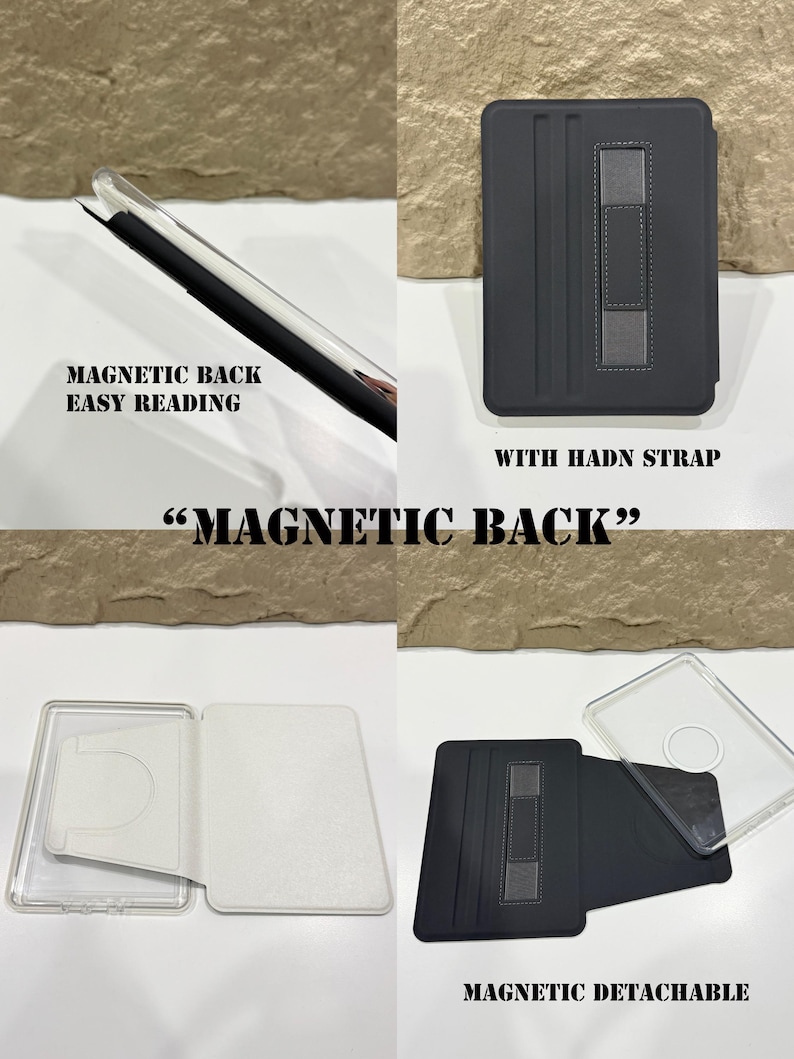 Op de afbeelding: Een zwarte tablethoes met een magnetische achterkant en een band. De hoes wordt in meerdere weergaven getoond, waaronder een close-up van de magnetische achterkant en de tekst "MAGNETIC BACK EASY READING". De hoes wordt ook getoond met de tekst "WITH HADN STRAP" en "MAGNETIC DETACHABLE".