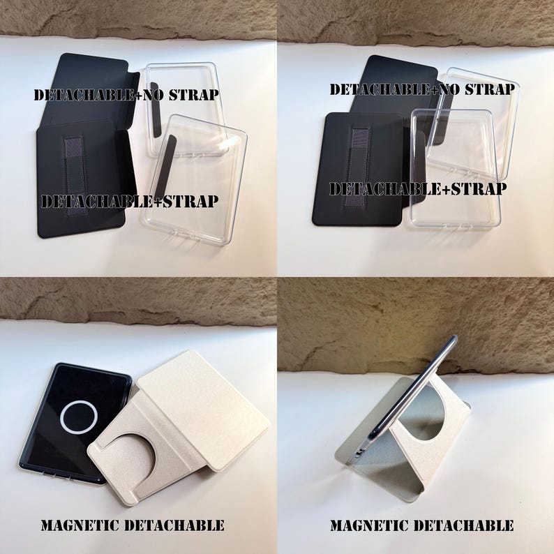 May include: A collection of phone accessories, including black and clear phone cases and stands. The text on the image reads "DETACHABLE+NO STRAP", "DETACHABLE+STRAP", and "MAGNETIC DETACHABLE". The accessories are designed to be detachable and magnetic.