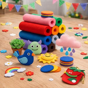 May include: A collection of colorful felt craft supplies including rolled fabric sheets, a small potted succulent, a blue bird, a green monster, a pink cloud with raindrops, a yellow sun, a rainbow, and a red strawberry-shaped pouch.
