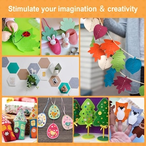 May include: A collage of felt craft projects including a ladybug leaf, carrot-shaped pouches with bunnies, a leaf garland, hexagonal wall tiles, embroidered egg ornaments, decorative felt trees, and animal finger puppets with the text Stimulate your imagination & creativity.