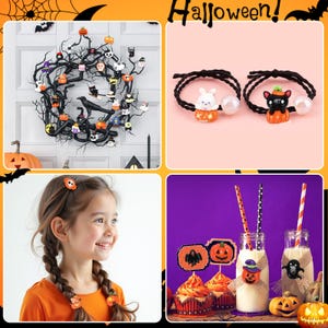 May include: A collection of Halloween-themed accessories including a black twig wreath with miniature figures, two black hair ties with pumpkin-shaped charms, a child wearing pumpkin hair clips, and glass bottles decorated with pumpkin toppers.