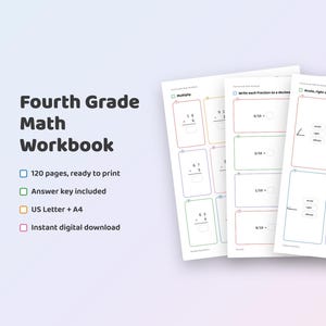 Op de afbeelding: Een wiskundewerkboek voor groep zes met 120 printbare pagina's. De tekst bevat '120 pages, ready to print', 'Answer key included', 'US Letter + A4' en 'Instant digital download' naast drie pagina's met wiskundige opgaven.