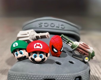3D Mario Luigi Spiderman Gun Clogs Charms -Cartoons Superhero Shoe Charms  - Gift for Adult, Teen, and Kids