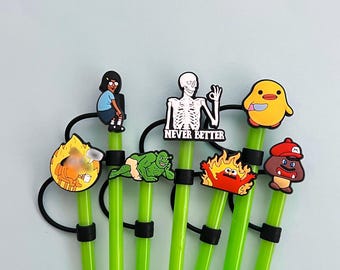 7mm Straw Covers Tina Shrek- Train McQueen Duck Straw Topper  - For Small Stanleys - Sets Available - Funny Cartoons Food Soda Lazy Egg