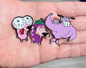 Courage Dog Eggplant Big Eyes Muscular Enamel Pin - Funny TV Show Cowardly Pink Fruit Mom Terrified Dog Nostalgia Metal Pin - Set Available