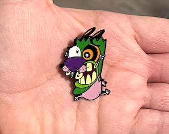 Scared Courage Dog Mask Enamel Pin - Funny TV Show Cowardly Pink Dog Nostalgia Metal Pin