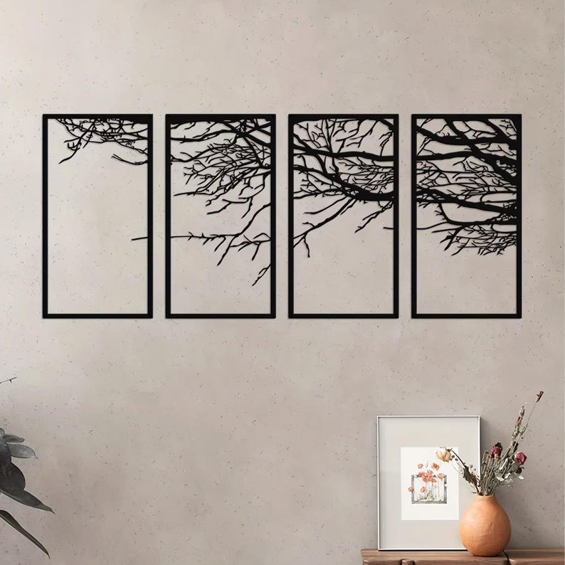 Tree Wall Art Set of 4 Flower Wall Decor Christmas Gift Metal Wall Art ...