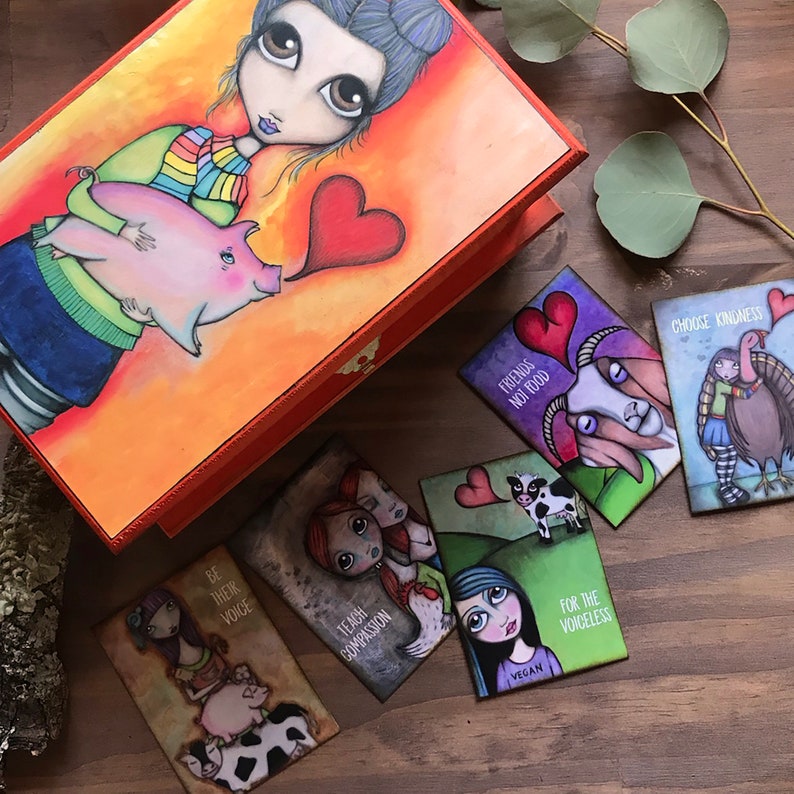 vegan illustration Winnie Wooden Jewelry box with Compassion Affirmation Cards herbivore pig art vegan art