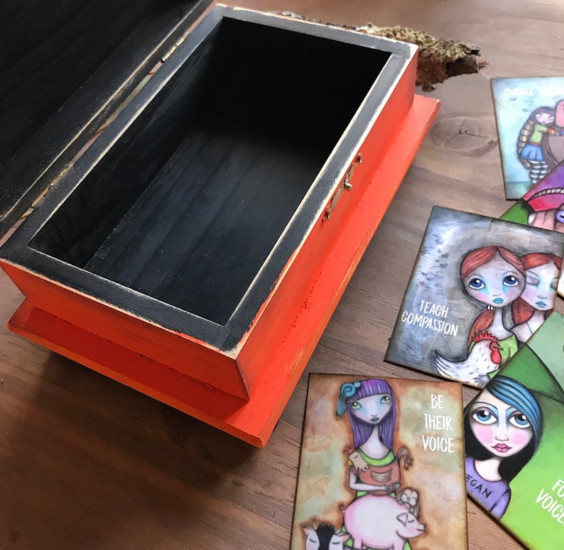 vegan illustration Winnie Wooden Jewelry box with Compassion Affirmation Cards herbivore pig art vegan art