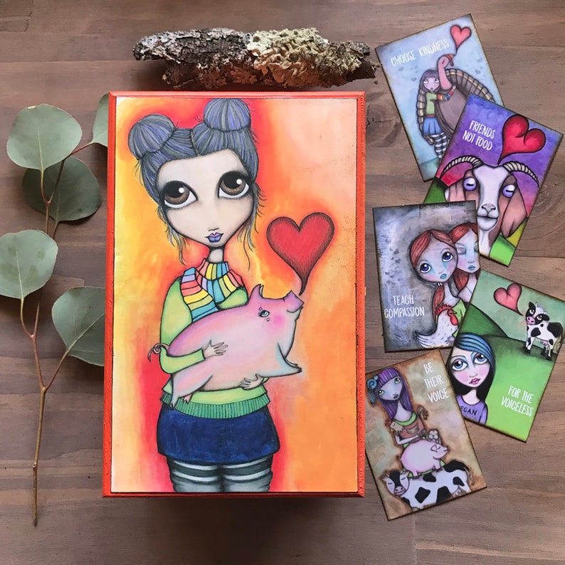 vegan illustration Winnie Wooden Jewelry box with Compassion Affirmation Cards herbivore pig art vegan art
