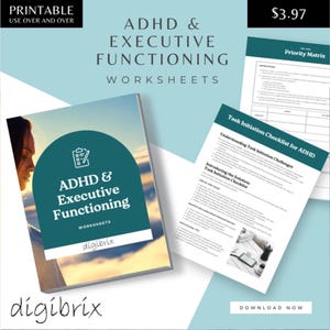 Puede incluir: Un paquete de hojas de trabajo imprimibles para el TDAH y el funcionamiento ejecutivo. La portada presenta a una mujer mirando una puesta de sol con el texto "ADHD & Executive Functioning Worksheets" en un círculo turquesa. El texto "digibrix" está en un círculo blanco debajo del círculo turquesa. Las hojas de trabajo cuestan $ 3,97 e incluyen una matriz de prioridad y listas de verificación de inicio de tareas.