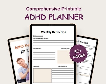 May include: A digital planner for people with ADHD. The planner has a weekly reflection page, a thought journal, and a mood journal. The planner is designed to help people with ADHD manage their time, track their moods, and improve their mental health. The planner has over 80 pages.