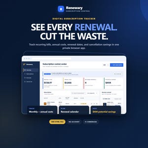 May include: A digital subscription tracker interface titled Renewary Subscription Control. The screen displays a dashboard with metrics for monthly totals, annual costs, upcoming renewals, and potential savings, alongside a list of subscriptions.
