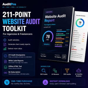 Pode incluir: Um kit de ferramentas de auditoria de sites de 211 pontos para agências e freelancers, com uma capa de relatório azul-escura com nota 78/100, métricas de desempenho e um resumo executivo. Inclui pontos de verificação e relatórios white label.