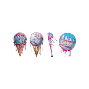 May include: Four baseball-themed items with a whimsical, melting ice cream design. Two baseballs are atop waffle cones, with pink and blue drips. A baseball bat and a baseball also feature the same color scheme, with pink and blue drips.