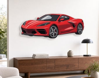 Automotive Wall Art, Red Modern Sports Car on 3mm Glossy Acrylic, Garage Decor
