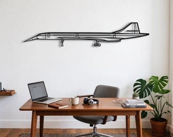 May include: A black metal wall art piece shaped like the silhouette of a Concorde aeroplane. The design features the long, slender fuselage, the delta wing shape, the pointed nose, and the landing gear extended in a downward position.