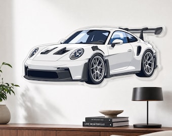 Automotive Wall Art, White Race Car on 3mm Glossy Acrylic