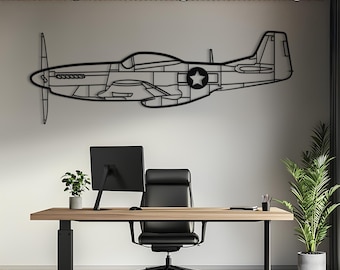 P-51 Mustang Metal Aircraft Wall Art, Laser-Cut Steel Airplane Decor, Matte Black Finish