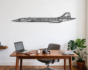 May include: A black metal wall art piece depicting the side profile silhouette of a Concorde aeroplane. The design features a detailed skeletal outline of the aircraft, including the fuselage, wings, and tail fin, mounted horizontally on a wall.