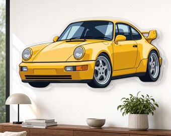 Automotive Wall Art, Yellow Retro Sports Car on 3mm Glossy Acrylic, Garage Decor