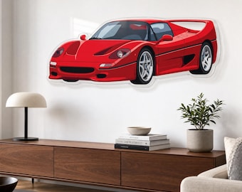 Automotive Wall Art, Red 90s Supercar on 3mm Glossy Acrylic, Garage Decor