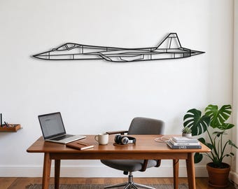 May include: A black metal wall art piece shaped like the side profile of a fighter jet. The design consists of thin, interconnected lines forming the silhouette of the aircraft, including the cockpit, wings, and tail fin, mounted on a wall.