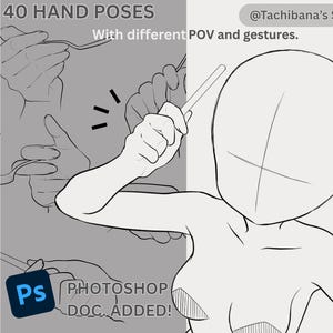 Könnte beinhalten: Strichzeichnung mit dem Text "40 HAND POSES" und "With different POV and gestures." Das Bild zeigt verschiedene Handposen und eine Figur mit skizziertem Gesicht. Ein Photoshop-Symbol befindet sich in der unteren linken Ecke.
