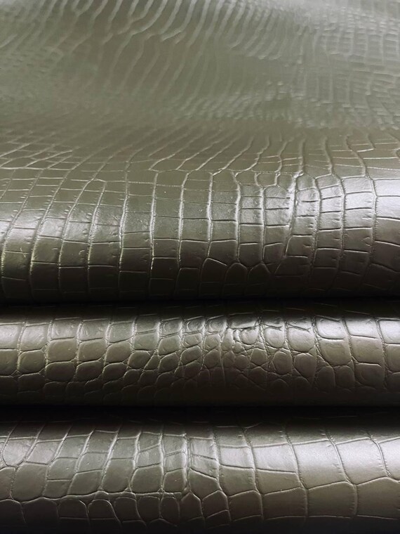 Pelle Stampa Coccodrillo Verde, pelle di vitello italiana, Pelle
