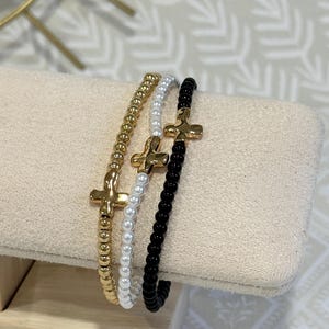3 Beaded Cross Bracelet set/Black white and gold  Cross/   Elastic Bracelet /Bracelets/ Bracelet gift