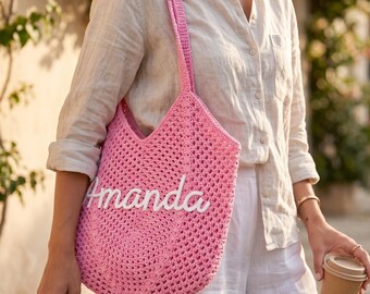 Sac de plage personnalisé : Sac de plage au crochet avec nom, Sac cadeau pour demoiselles d'honneur, Sac de plage de voyage, Cadeau de mariage, Cadeau pour elle